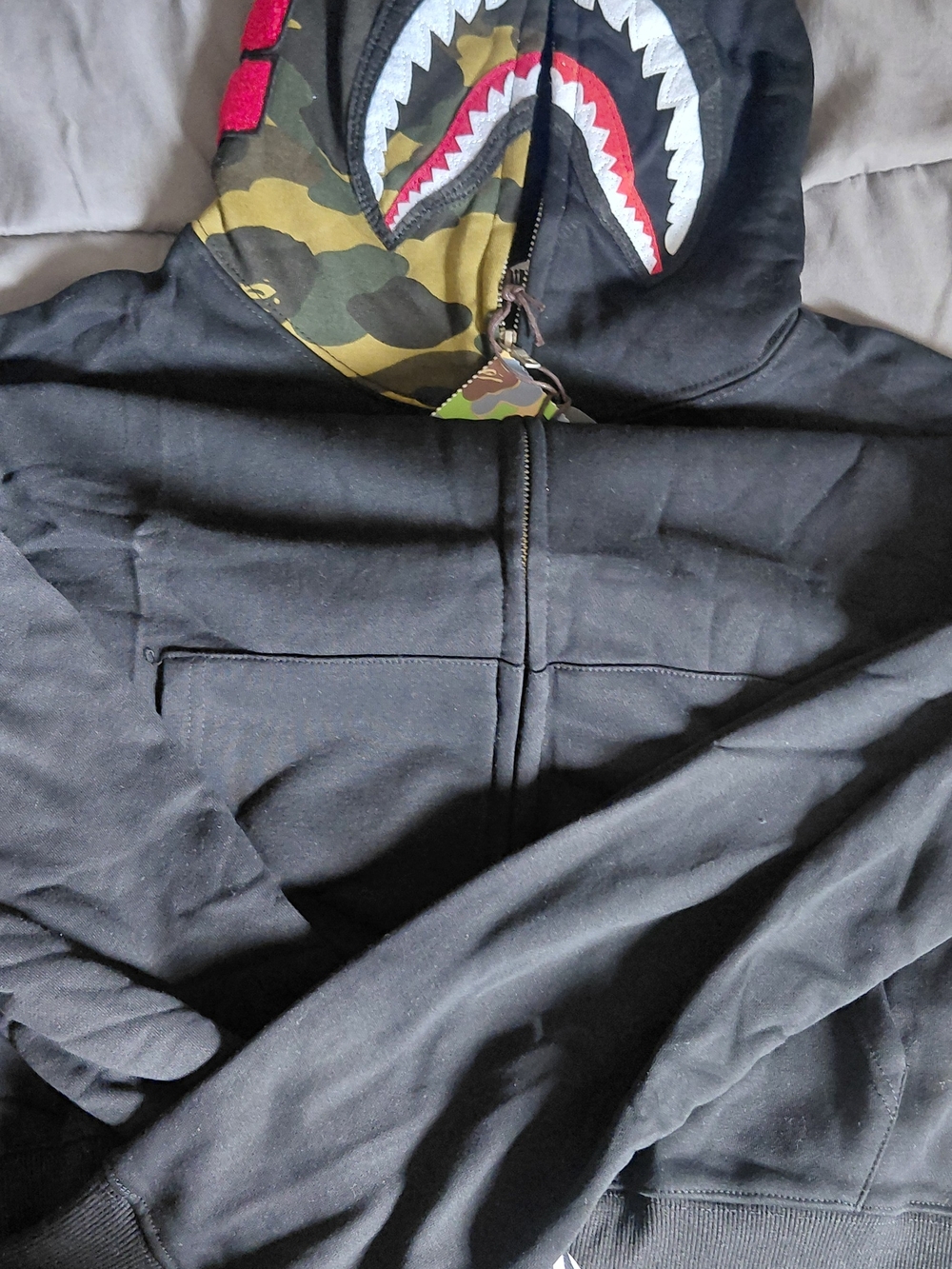 Bape Black Hoodie with Camo Shark-Graphic Hood